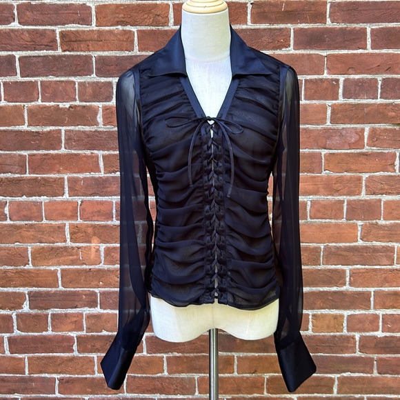 Anne Fontaine Tops - Anne Fontaine Top Black Ruched Sheer Sleeves Lace Up Front